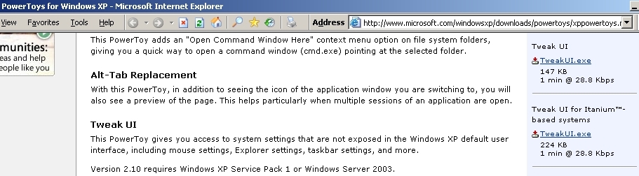 The Microsoft PowerToys for Windows XP download page and the TweakUI utility on it