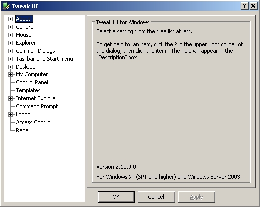 The TweakUI interface
