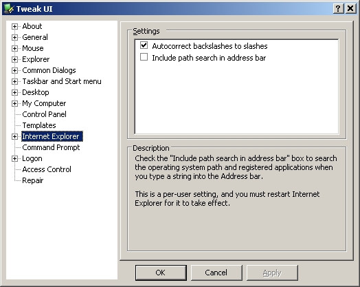The TweakUI interface > Internet Explorer