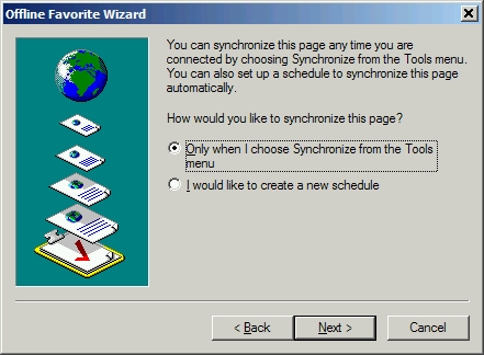 The Offline Favorite Wizard Window - Creating a schedule